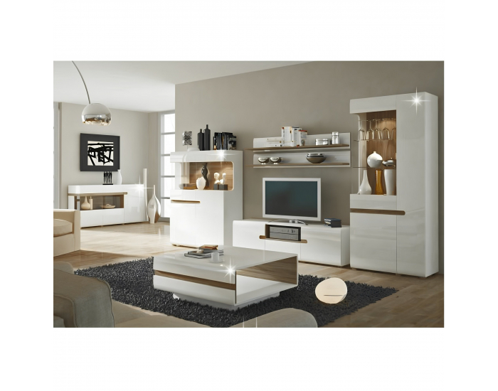 Vitrína Lynatet 33 - biely vysoký lesk / dub sonoma truflový