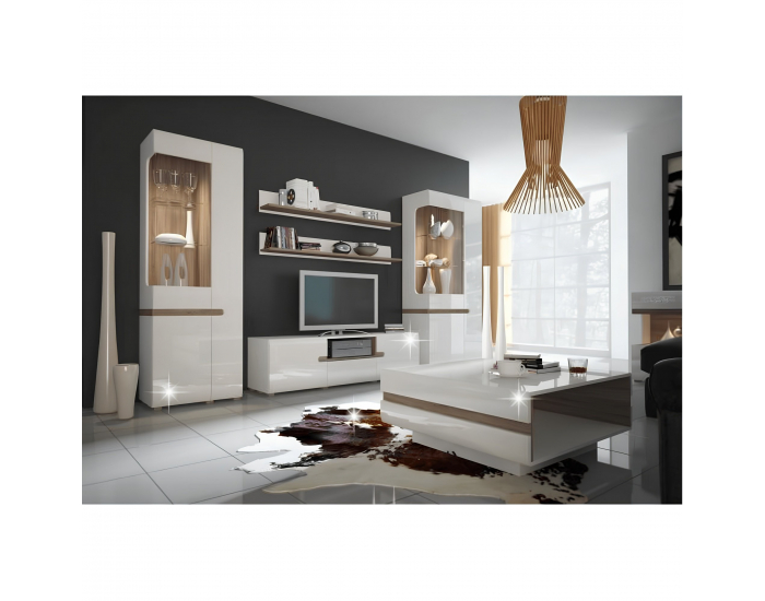 Vitrína Lynatet 33 - biely vysoký lesk / dub sonoma truflový