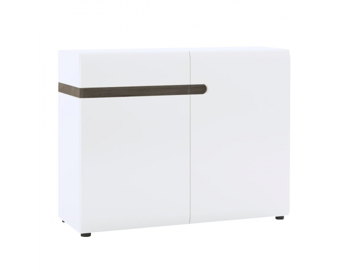 Dvojdverová komoda Lynatet 35 - biely vysoký lesk / dub sonoma truflový