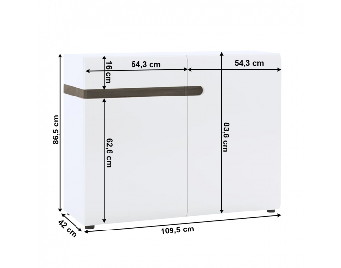 Dvojdverová komoda Lynatet 35 - biely vysoký lesk / dub sonoma truflový