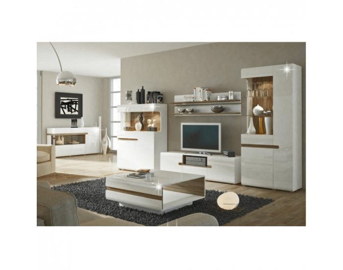 Vitrína Lynatet 42 - biely vysoký lesk / dub sonoma truflový