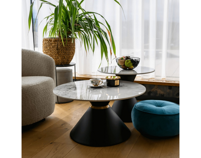 Konferenčný stolík (2 ks) Mabuz - biely mramor / čierna