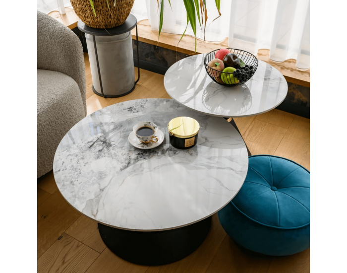 Konferenčný stolík (2 ks) Mabuz - biely mramor / čierna