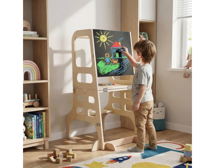 Montessori učiaca veža s tabuľou 3v1 Magan - prírodná