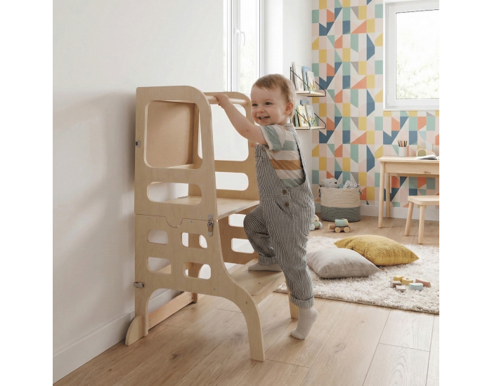Montessori učiaca veža s tabuľou 3v1 Magan - prírodná