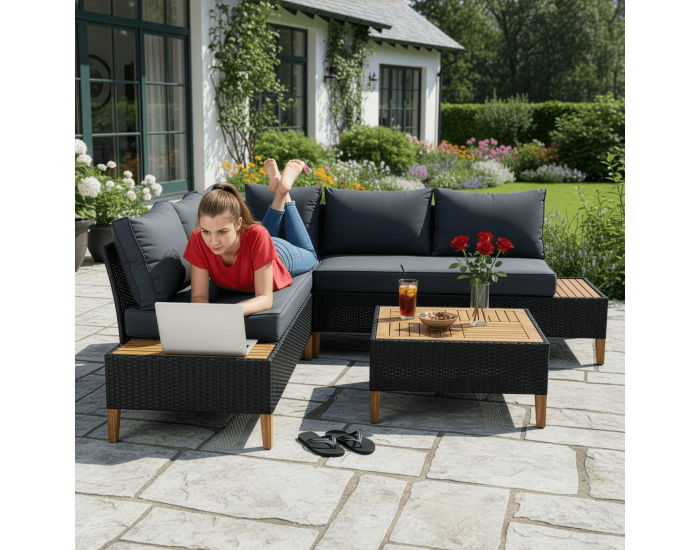 Záhradný nábytok z umelého ratanu Malkom - čierna / sivá / prírodná
