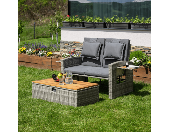 Záhradná pohovka z umelého ratanu Malory - sivá / prírodná