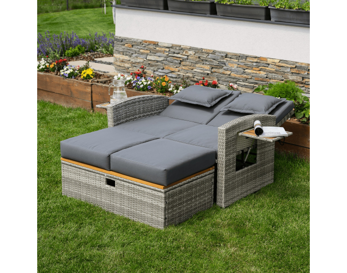 Záhradná pohovka z umelého ratanu Malory - sivá / prírodná