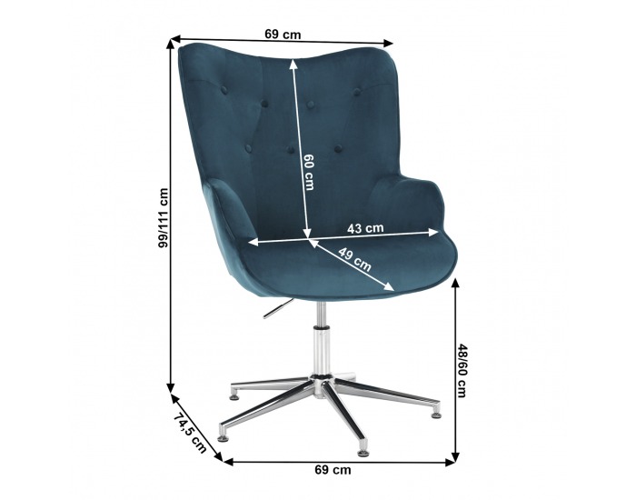 Dizajnové otočné kreslo Marlov - petrolejová (Velvet) / chróm