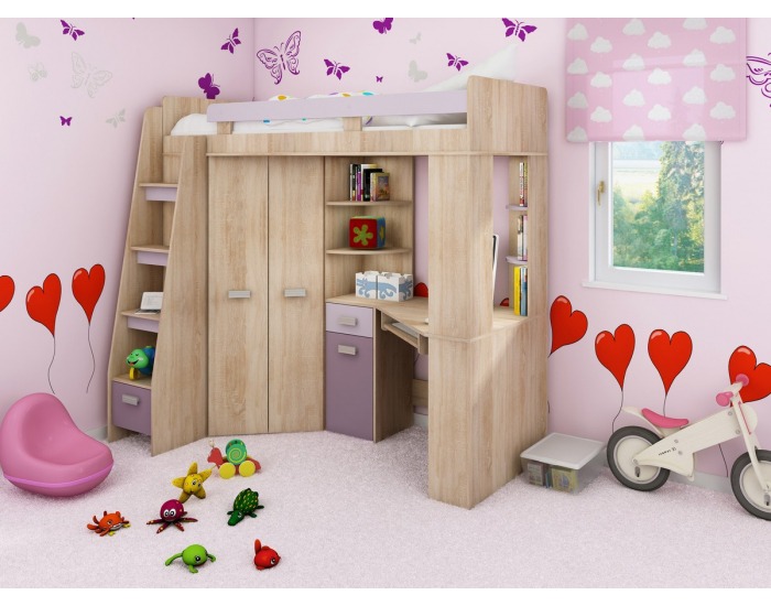 Zostava do detskej izby Antresola L - sonoma svetlá / levanduľa / fialová