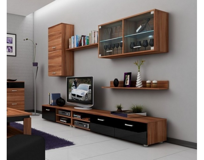 Obývacia stena Magic - slivka / čierny vysoký lesk