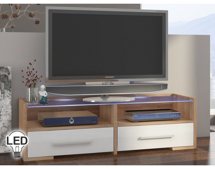TV stolík Semprio - sonoma svetlá / biely vysoký lesk