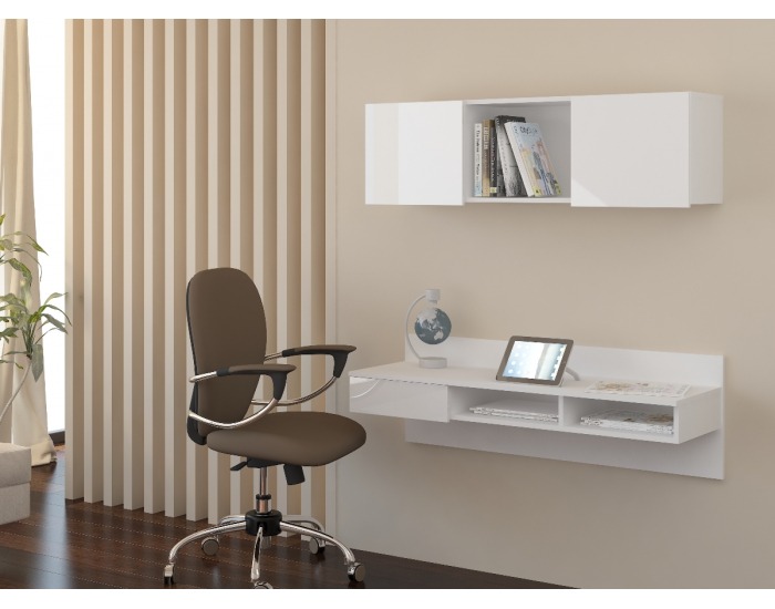 PC stolík na stenu s policou Uno - biela / biely lesk