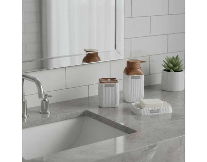 Sada kúpeľňových doplnkov (5 ks) Mirko Typ 2 - biela / hnedá