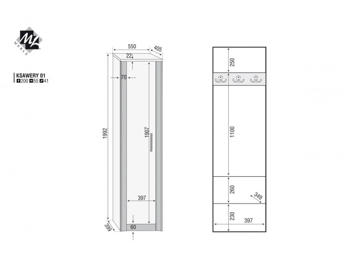 Šatníková skriňa Ksawery 1 P - sonoma svetlá / sonoma tmavá