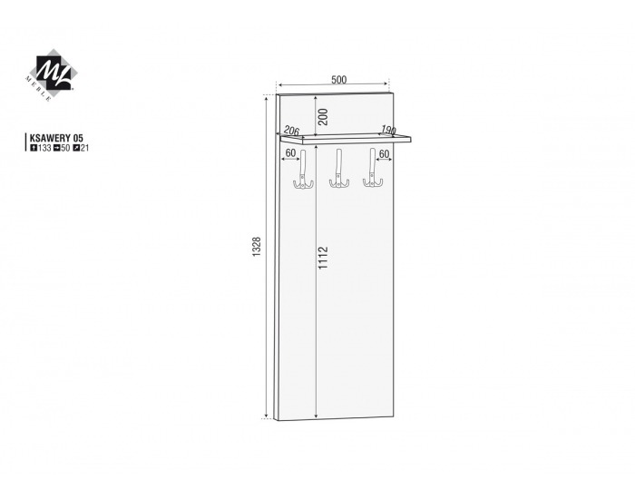 Vešiaková stena Ksawery 5 - sonoma svetlá / sonoma tmavá