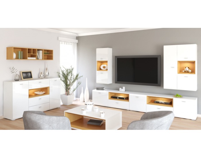 TV stolík Nati 6 - biely lesk / dub svetlý / biela