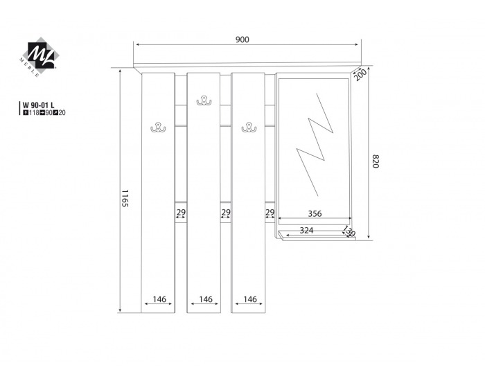 Vešiaková stena so zrkadlom W 90-01 P - wenge