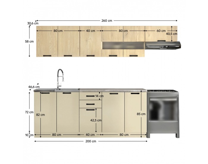 Kuchynská linka Monia 260 - dub cremona / kašmír / krémová Navona
