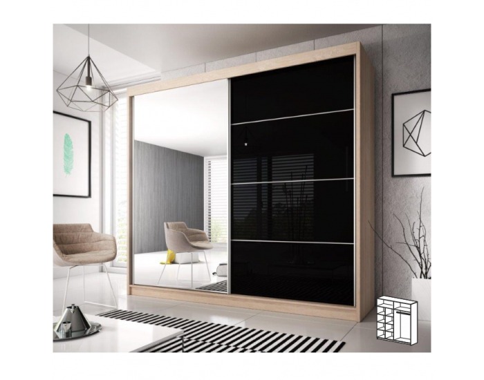 Šatníková skriňa s posuvnými dverami Multi 31 183x218 cm - dub sonoma / čierny lesk