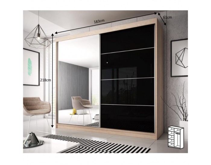 Šatníková skriňa s posuvnými dverami Multi 31 183x218 cm - dub sonoma / čierny lesk