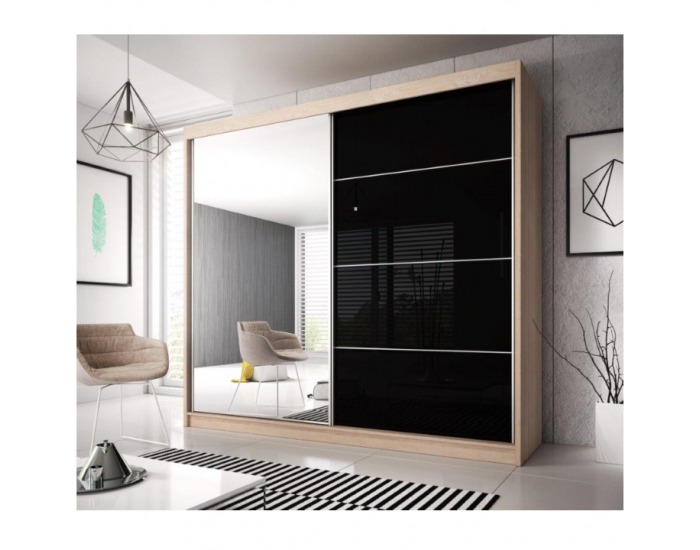 Šatníková skriňa s posuvnými dverami Multi 31 233x218 cm - dub sonoma / čierny lesk
