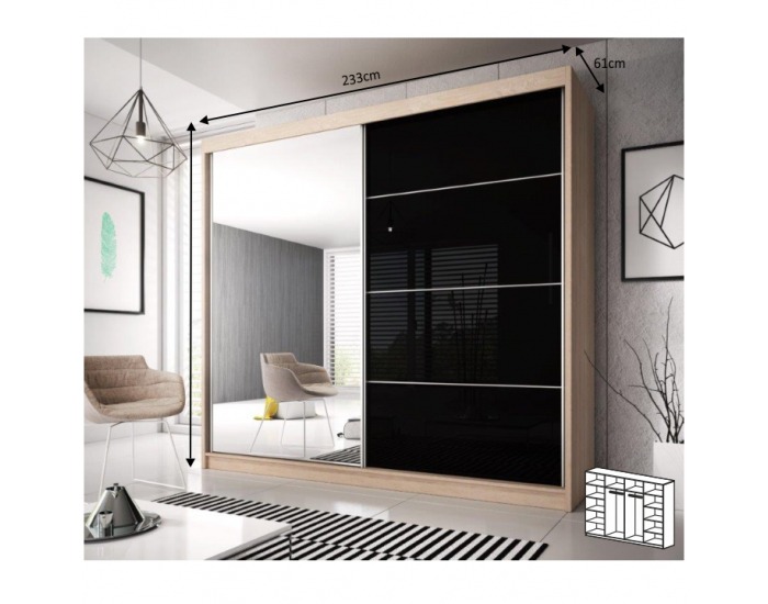Šatníková skriňa s posuvnými dverami Multi 31 233x218 cm - dub sonoma / čierny lesk