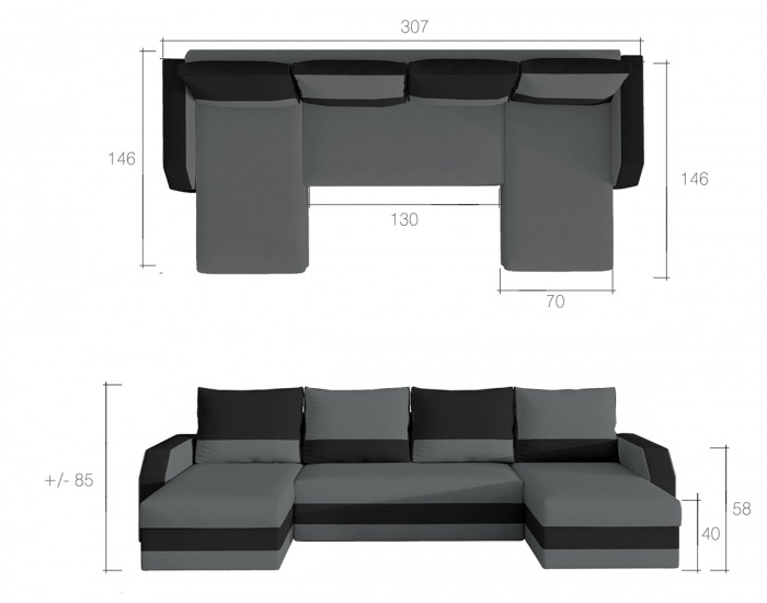 Rohová sedačka U s rozkladom a úložným priestorom Murino L/P - čierna / sivá