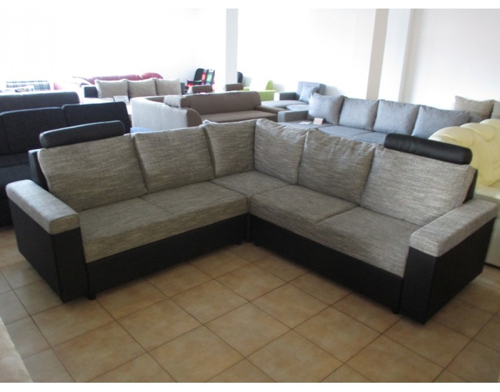 Rohová sedačka s rozkladom a úložným priestorom Belise SR - armada PU čierna / Lucy 1 sivá