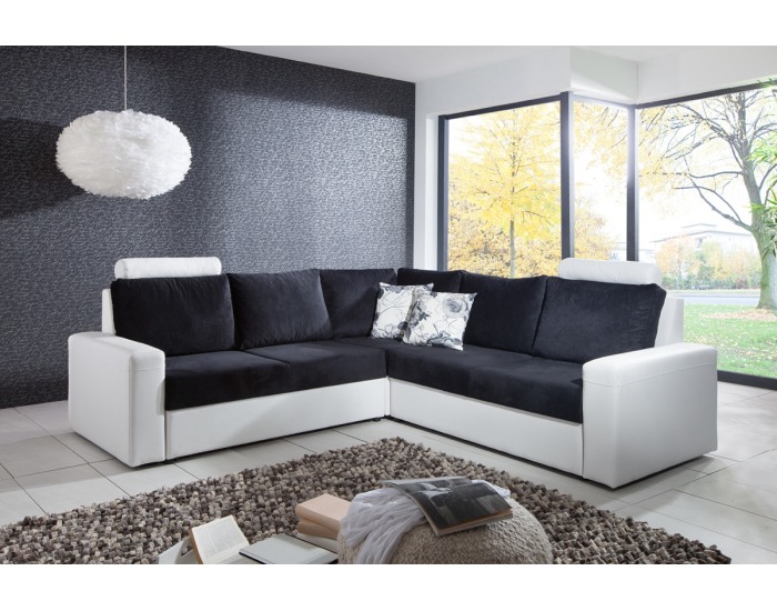 Rohová sedačka s rozkladom a úložným priestorom Belise - armada PU biela / hippo čierna