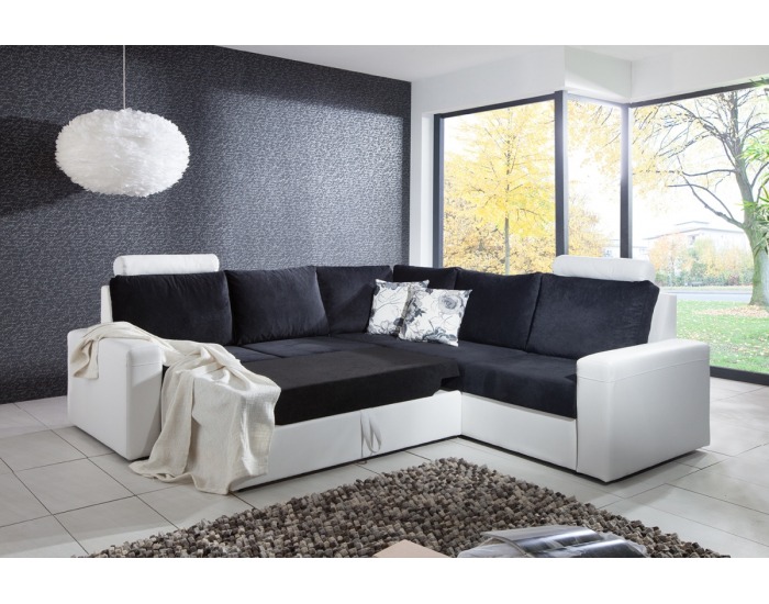 Rohová sedačka s rozkladom a úložným priestorom Belise - armada PU biela / hippo čierna