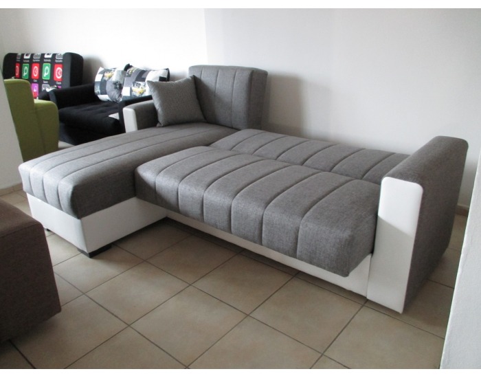 Rohová sedačka s rozkladom a úložným priestorom Denver SR - biela ekokoža / sivý šenil