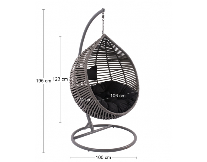 Závesné hojdacie kreslo Madeira - sivý ratan / čierna poduška