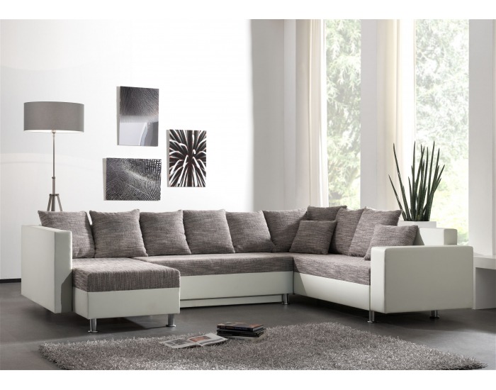 Rohová sedačka U s rozkladom a úložným priestorom Pauline - armada PU biela / lucy 1 sivá