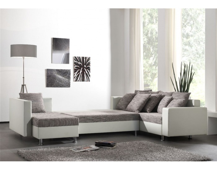 Rohová sedačka U s rozkladom a úložným priestorom Pauline - armada PU biela / lucy 1 sivá