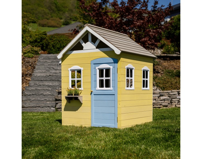 Drevený záhradný domček pre deti Nesko - biela / sivá / žltá / modrá