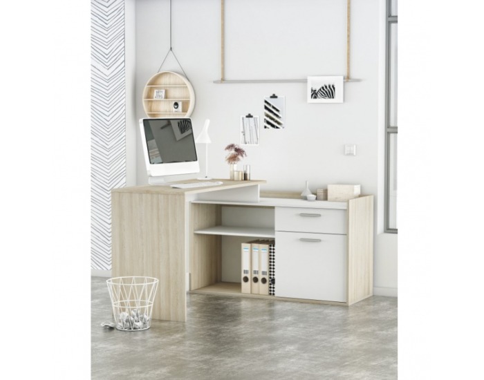 Rohový PC stolík Nevadis - biela / dub shanon