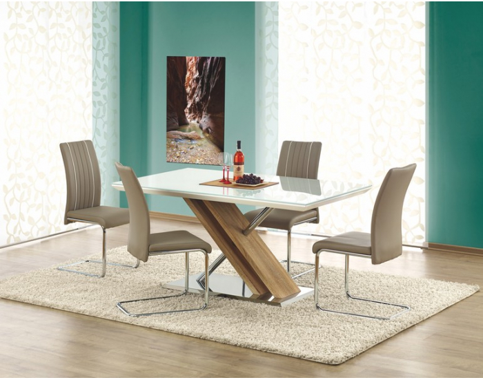 Sklenený jedálenský stôl Nexus - biely lesk / dub sonoma