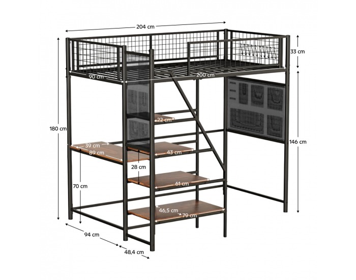 Vyvýšená posteľ so zábranou Niven 90x200 cm - čierna