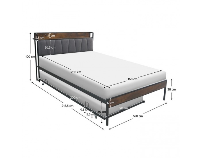 Manželská posteľ s roštom a prístelkou Nordo 160x200 cm - čierna / sivá