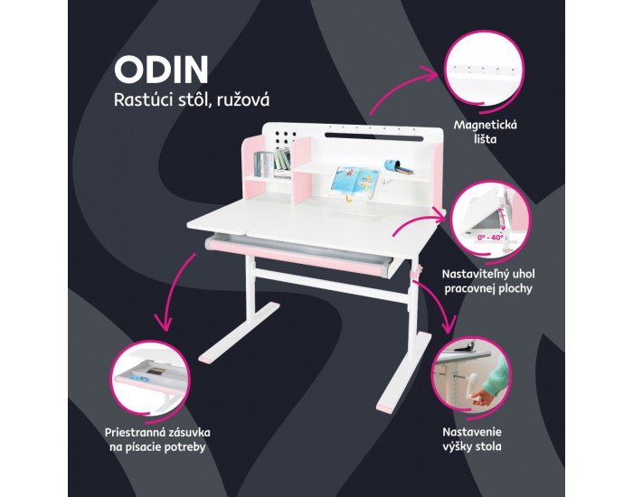 Rastúci písací stolík Odin - ružová / biela