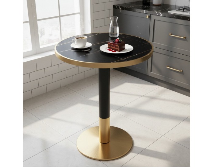 Jedálenský bistro stôl Oren 80 - čierny mramor / čierna / zlatá