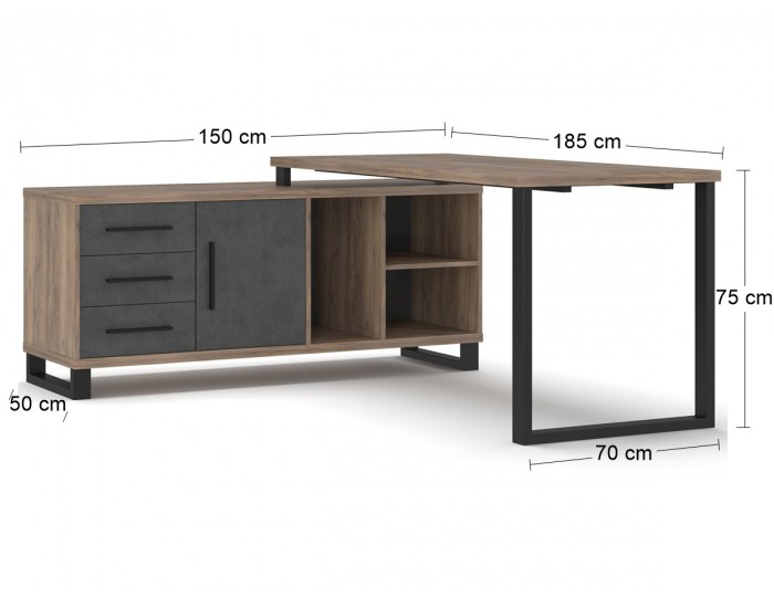 Rohový písací stôl Ovida 1D3DRWS - craft tobaco / matera