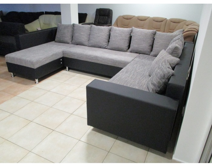 Rohová sedačka U s rozkladom a úložným priestorom Pauline SR - armada PU čierna / lucy 1 sivá