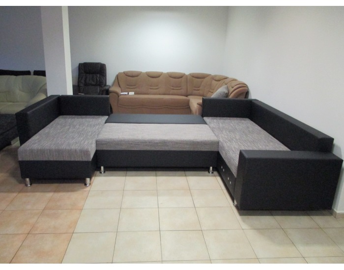 Rohová sedačka U s rozkladom a úložným priestorom Pauline SR - armada PU čierna / lucy 1 sivá