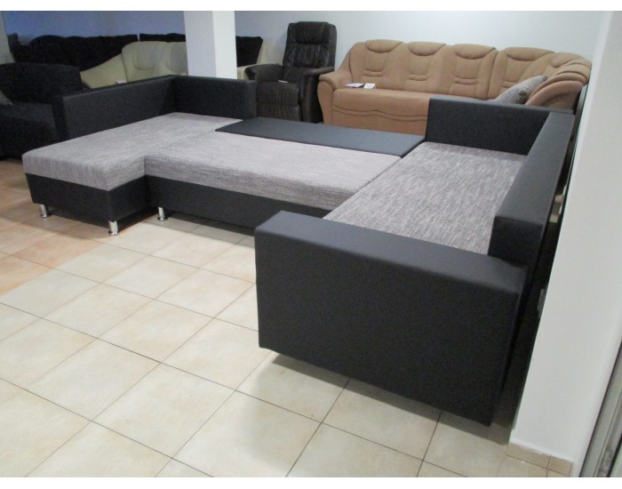 Rohová sedačka U s rozkladom a úložným priestorom Pauline SR - armada PU čierna / lucy 1 sivá