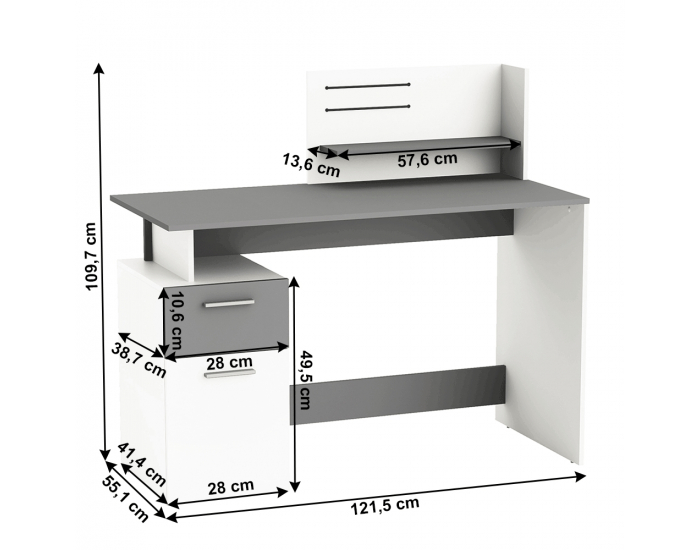 Písací stôl s poličkou Platon - biela / tmavosivá