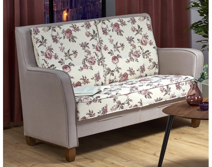 Pohovka London XL - béžová / vzor kvety / orech