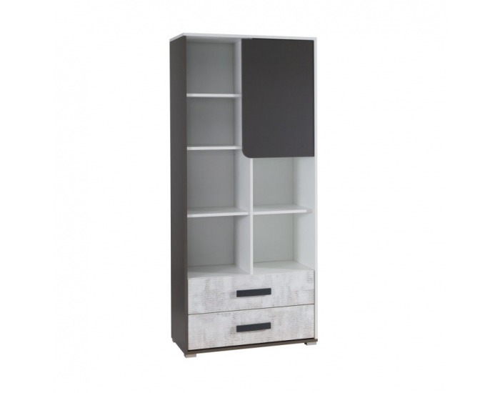 Policová skriňa Matel B2 - biela / sivý grafit / enigma