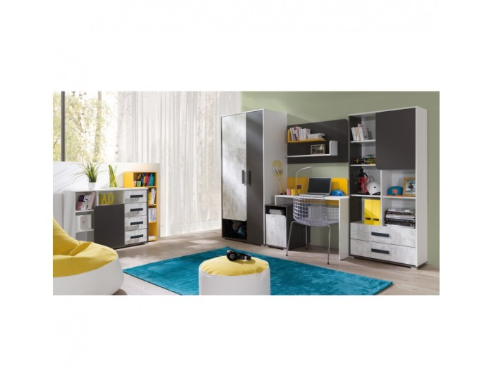 Policová skriňa Matel B2 - biela / sivý grafit / enigma